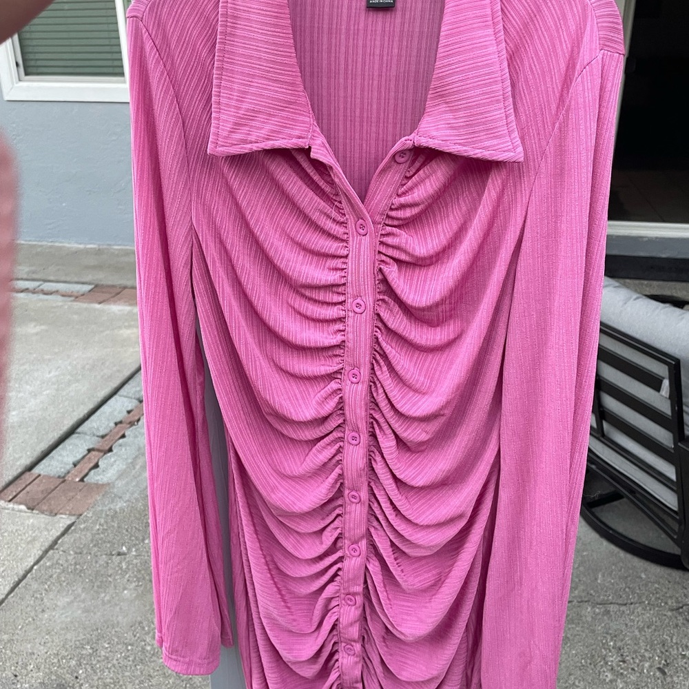 Pink Ruched Button-Up Bodicon Dress